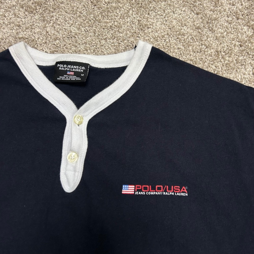 Vintage Polo Jeans Company Ralph Lauren Tshirt Men Size Medium Button Preppy - Picture 6 of 8